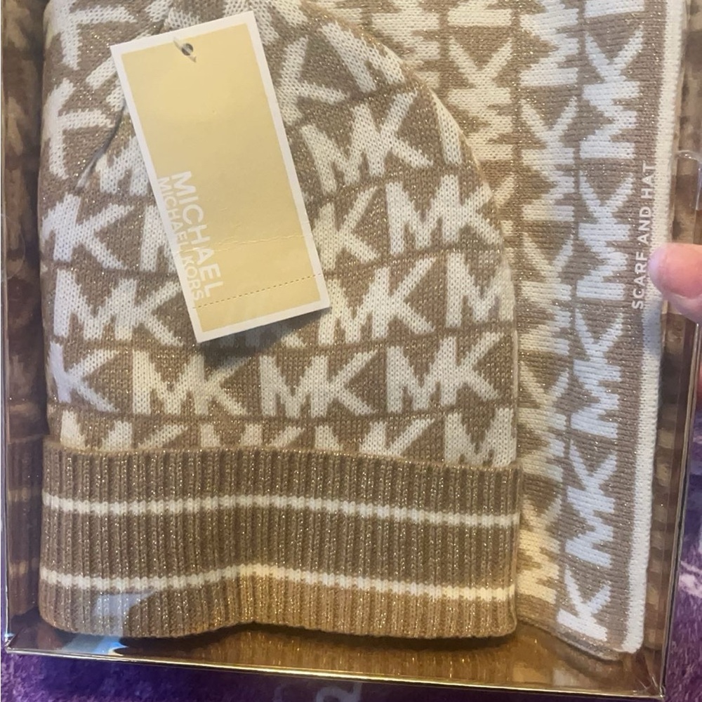 Michael Kors Beige MK Logo Scarf and Hat Set